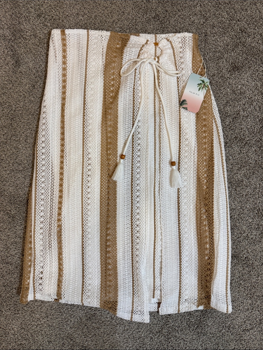 Striped Knit Skirt in Cream and Tan with Drawstring Waist